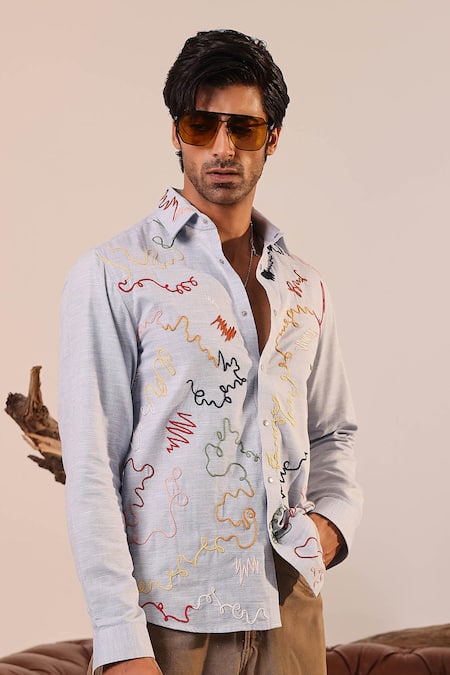 Shop Abkasa White Cotton Embroidery Casanova Thread Shirt at Aza Fashions Shop_Abkasa_White Cotton Embroidery Casanova Thread Shirt _at_Aza_Fashions