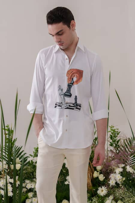 Amrit Dawani White Cotton Handpainted Chess Pattern Shirt 