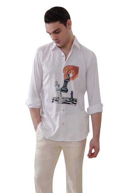 Amrit Dawani White Cotton Embroidery Chess Pattern Handpainted Shirt Online at Aza Fashions Amrit Dawani_White Cotton Embroidery Chess Pattern Handpainted Shirt _Online_at_Aza_Fashions