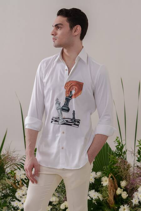 Buy_Amrit Dawani_White Cotton Embroidery Chess Pattern Handpainted Shirt _Online_at_Aza_Fashions
