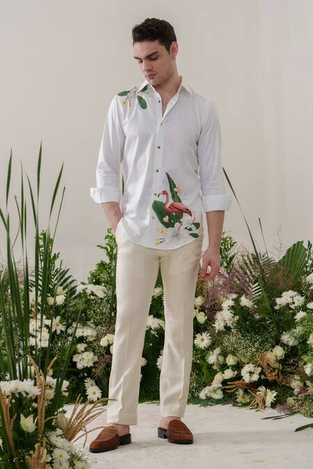Amrit Dawani_White Cotton Flamingo Pattern Handpainted Shirt _Online_at_Aza_Fashions
