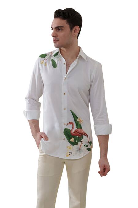 Buy Amrit Dawani White Cotton Flamingo Pattern Handpainted Shirt Online at Aza Fashions Buy_Amrit Dawani_White Cotton Flamingo Pattern Handpainted Shirt _Online_at_Aza_Fashions