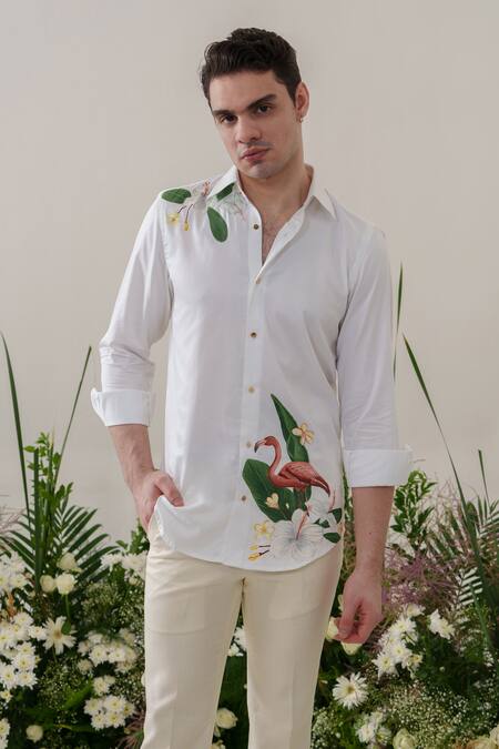 Amrit Dawani_White Cotton Flamingo Pattern Handpainted Shirt _at_Aza_Fashions