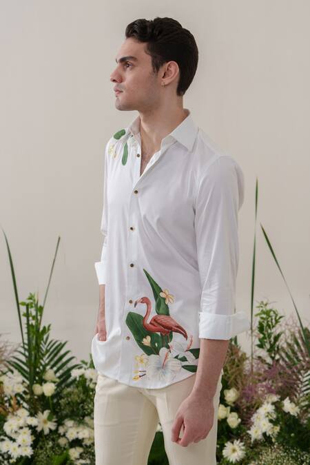 Buy_Amrit Dawani_White Cotton Flamingo Pattern Handpainted Shirt 