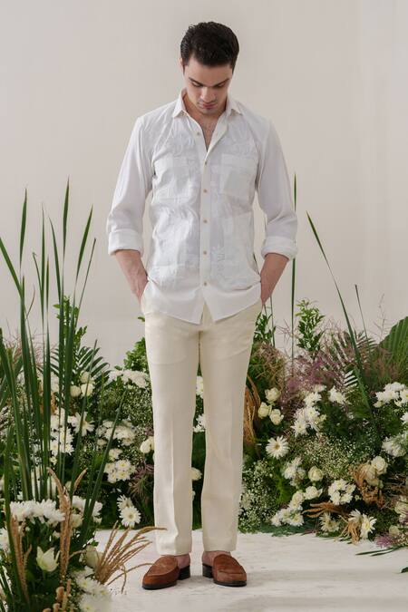 Amrit Dawani_White Cotton Applique Pattern Shirt _Online_at_Aza_Fashions