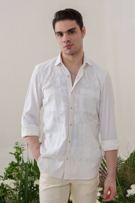 Shop_Amrit Dawani_White Cotton Applique Pattern Shirt _Online_at_Aza_Fashions