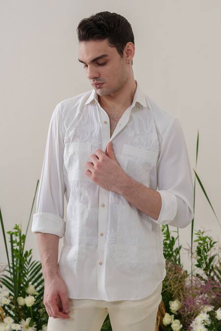 Buy_Amrit Dawani_White Cotton Applique Pattern Shirt 