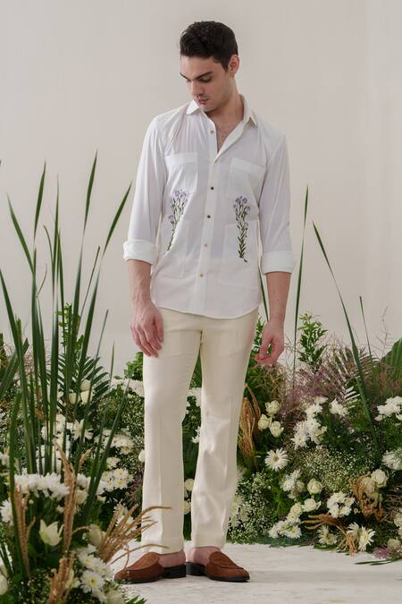 Amrit Dawani_White Cotton Embroidery Floral Shirt _Online_at_Aza_Fashions