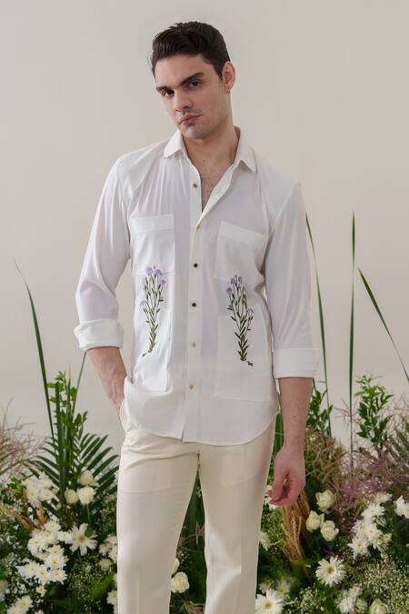 Buy_Amrit Dawani_White Cotton Embroidery Floral Shirt _Online_at_Aza_Fashions