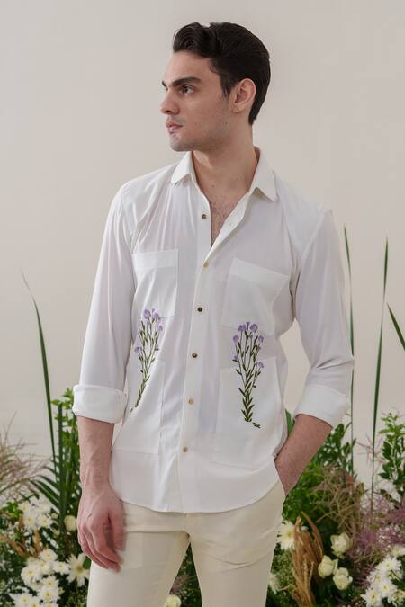 Shop_Amrit Dawani_White Cotton Embroidery Floral Shirt _Online_at_Aza_Fashions