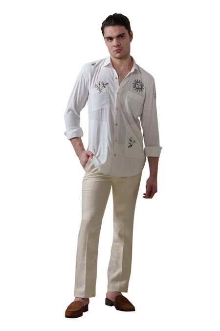 Amrit Dawani_White Cotton Embroidery Floral Thread Shirt _Online_at_Aza_Fashions