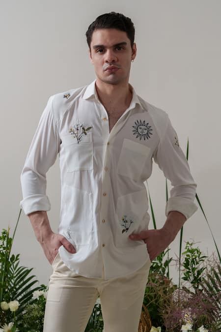 Buy_Amrit Dawani_White Cotton Embroidery Floral Thread Shirt _Online_at_Aza_Fashions