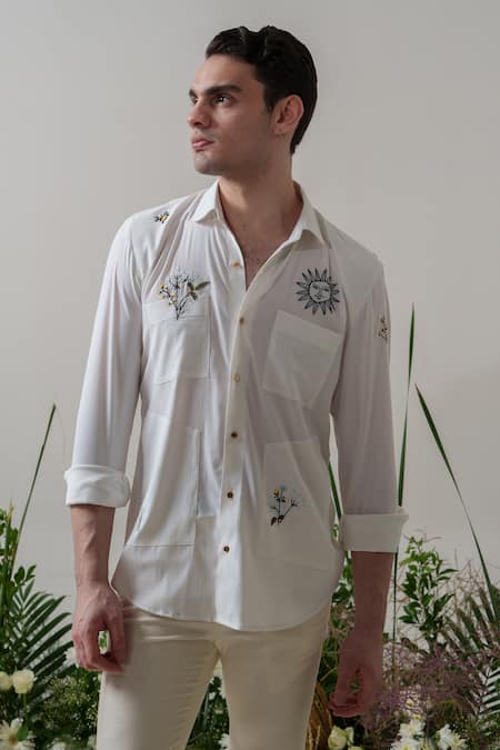 Shop_Amrit Dawani_White Cotton Embroidery Floral Thread Shirt _Online_at_Aza_Fashions