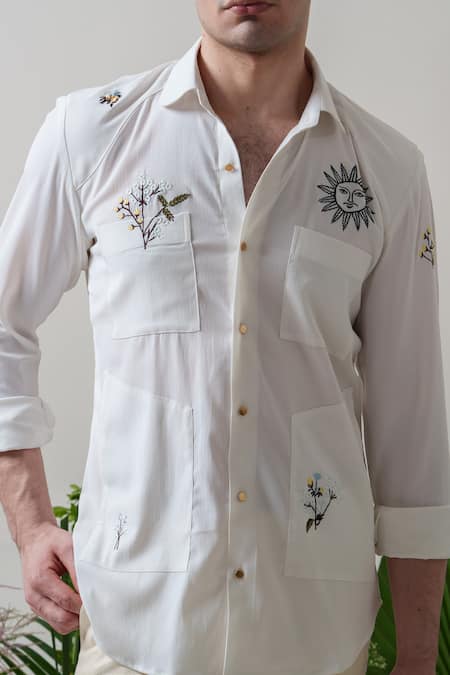 Buy_Amrit Dawani_White Cotton Embroidery Floral Thread Shirt 
