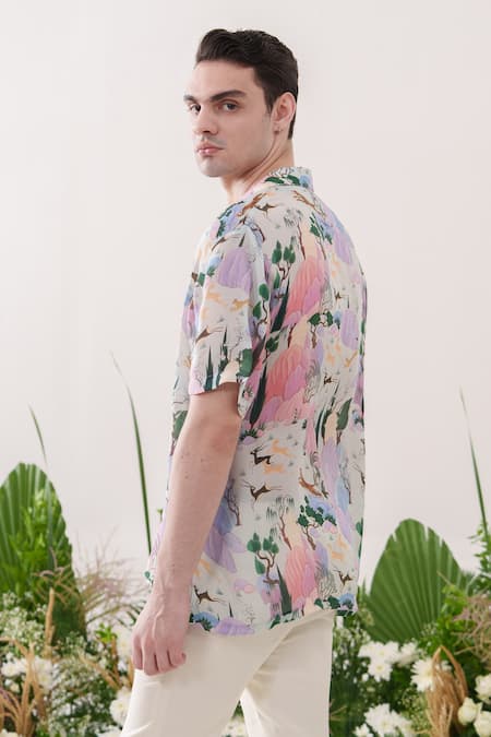 Shop_Amrit Dawani_Multi Color Organza, Satin Mountain Deer Print Shirt _at_Aza_Fashions