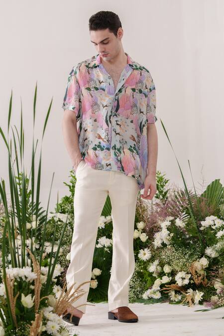 Amrit Dawani_Multi Color Organza, Satin Mountain Deer Print Shirt _Online_at_Aza_Fashions