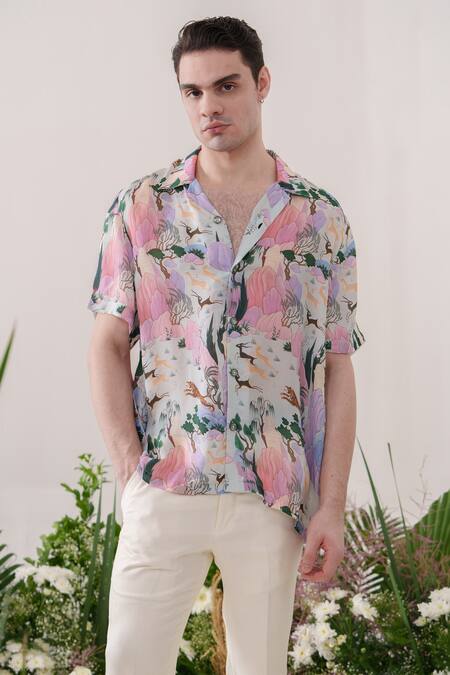 Buy_Amrit Dawani_Multi Color Organza, Satin Mountain Deer Print Shirt _Online_at_Aza_Fashions