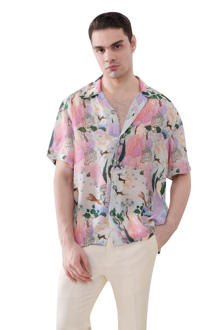Shop_Amrit Dawani_Multi Color Organza, Satin Mountain Deer Print Shirt _Online_at_Aza_Fashions