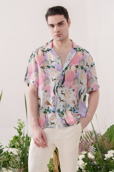 Amrit Dawani_Multi Color Organza, Satin Mountain Deer Print Shirt _at_Aza_Fashions