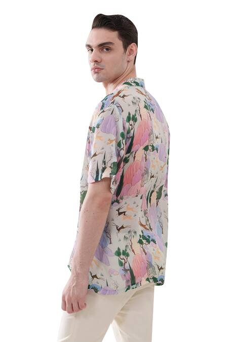 Buy_Amrit Dawani_Multi Color Organza, Satin Mountain Deer Print Shirt 