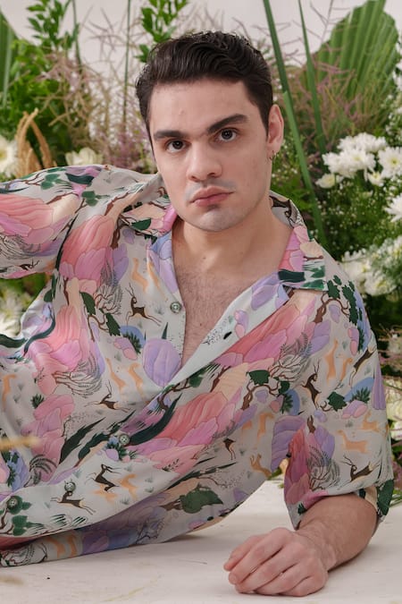 Shop_Amrit Dawani_Multi Color Organza, Satin Mountain Deer Print Shirt 