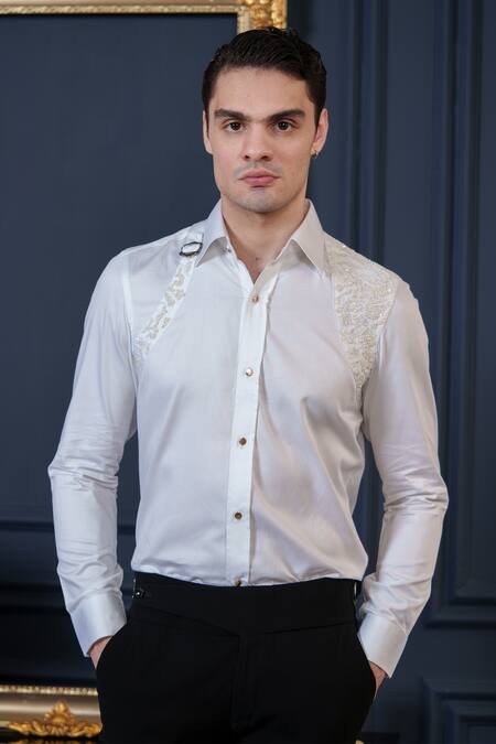 Shop_Amrit Dawani_White Cotton Sequins, Beads Embellished Shirt _Online_at_Aza_Fashions