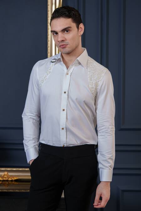 Amrit Dawani_White Cotton Sequins, Beads Embellished Shirt _at_Aza_Fashions