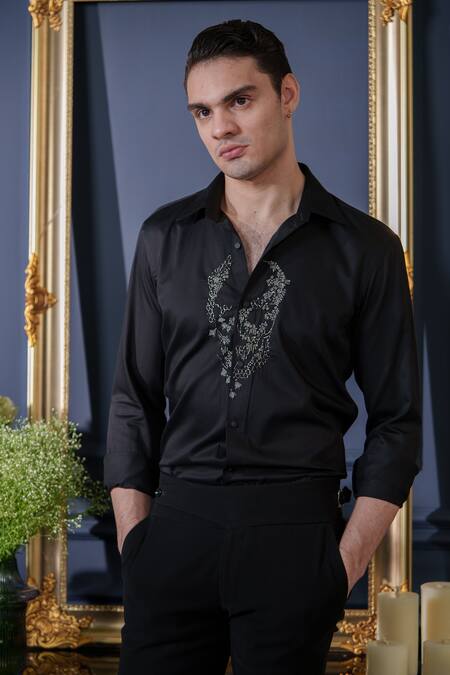 Amrit Dawani_Black Cotton Sequins, Beads Placed Embellished Shirt _Online_at_Aza_Fashions