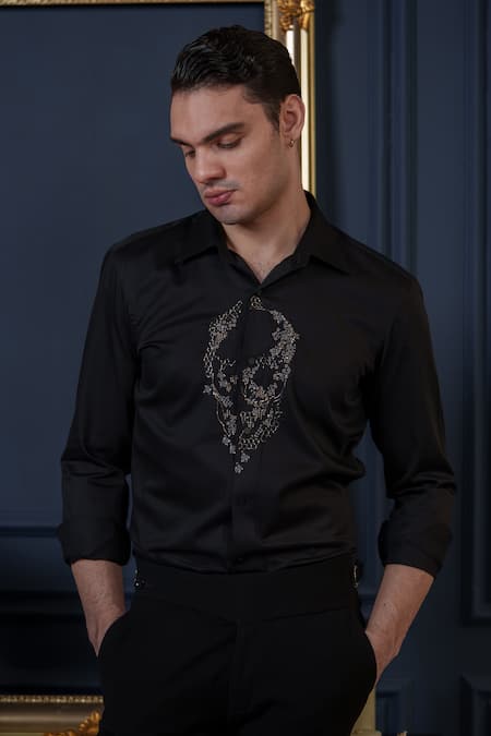 Buy_Amrit Dawani_Black Cotton Sequins, Beads Placed Embellished Shirt 