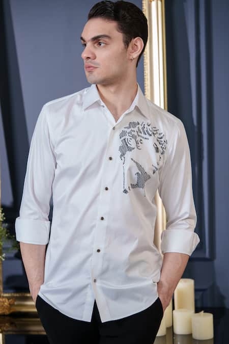 Buy_Amrit Dawani_White Cotton Embroidery Face Thread Shirt _Online_at_Aza_Fashions