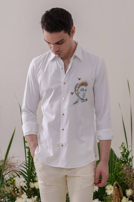 Amrit Dawani_White Cotton Embroidery Thread Shirt _Online_at_Aza_Fashions