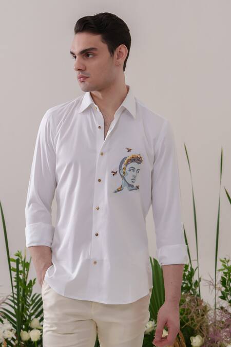 Buy_Amrit Dawani_White Cotton Embroidery Thread Shirt _Online_at_Aza_Fashions