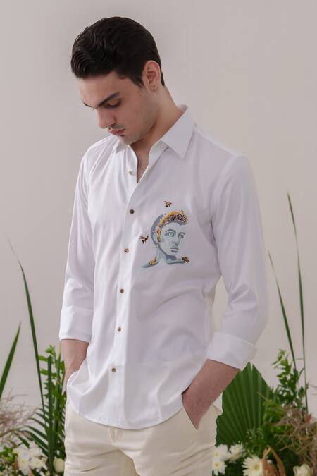 Shop_Amrit Dawani_White Cotton Embroidery Thread Shirt _Online_at_Aza_Fashions