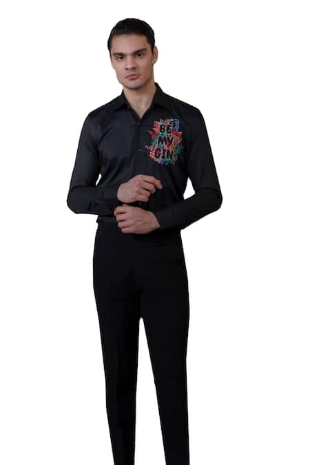 Amrit Dawani_Black Cotton Embroidery Slogan Shirt _Online_at_Aza_Fashions