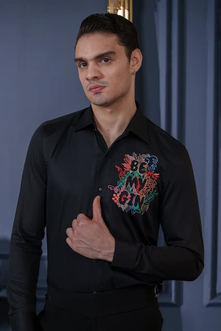 Buy_Amrit Dawani_Black Cotton Embroidery Slogan Shirt _Online_at_Aza_Fashions