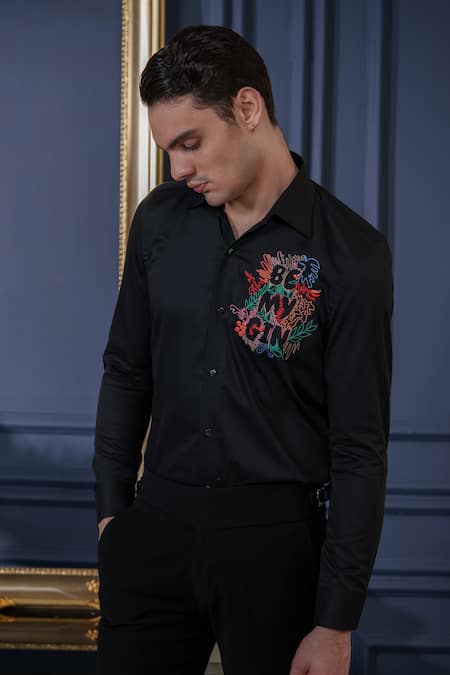Shop_Amrit Dawani_Black Cotton Embroidery Slogan Shirt _Online_at_Aza_Fashions