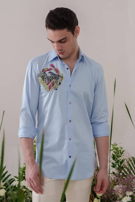 Shop_Amrit Dawani_Blue Cotton Embroidery Zebra Shirt _at_Aza_Fashions