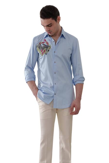 Amrit Dawani_Blue Cotton Embroidery Zebra Shirt _Online_at_Aza_Fashions