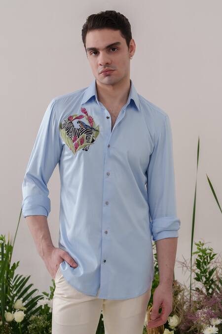 Buy_Amrit Dawani_Blue Cotton Embroidery Zebra Shirt _Online_at_Aza_Fashions