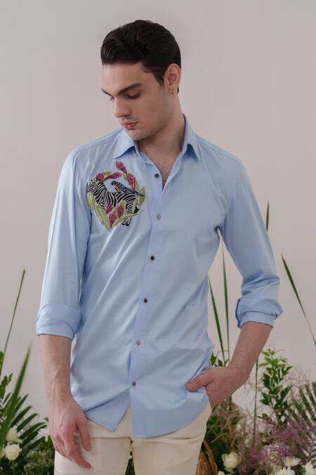 Shop_Amrit Dawani_Blue Cotton Embroidery Zebra Shirt _Online_at_Aza_Fashions