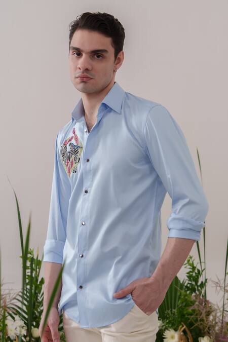 Amrit Dawani_Blue Cotton Embroidery Zebra Shirt _at_Aza_Fashions