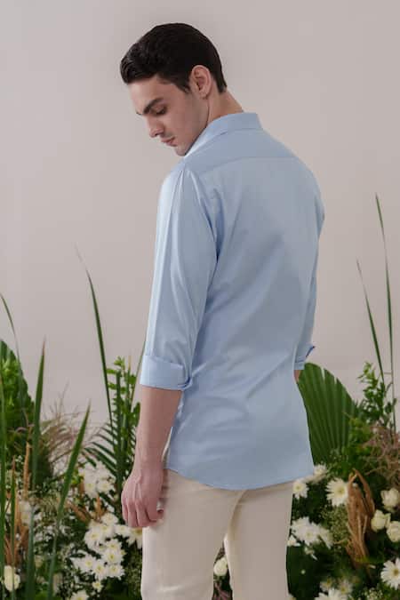 Shop_Amrit Dawani_Blue Cotton Fabric Flowers Handpainted Shirt _at_Aza_Fashions