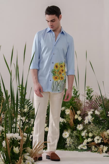 Amrit Dawani_Blue Cotton Fabric Flowers Handpainted Shirt _Online_at_Aza_Fashions