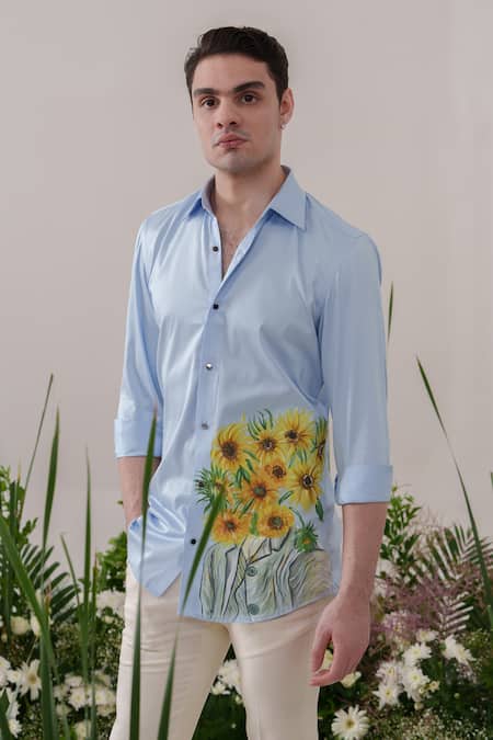 Buy_Amrit Dawani_Blue Cotton Fabric Flowers Handpainted Shirt _Online_at_Aza_Fashions