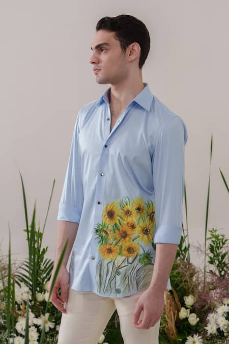 Shop_Amrit Dawani_Blue Cotton Fabric Flowers Handpainted Shirt _Online_at_Aza_Fashions