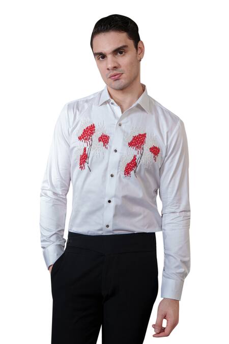 Amrit Dawani_White Cotton Beads Floral Embellished Shirt _Online_at_Aza_Fashions