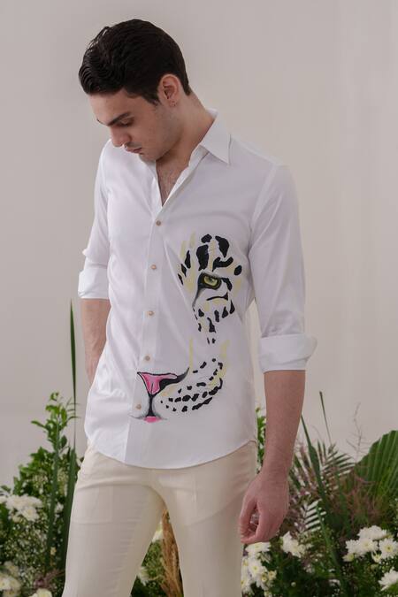 Amrit Dawani_White Cotton Embroidery Leopard Handpainted Shirt _Online_at_Aza_Fashions