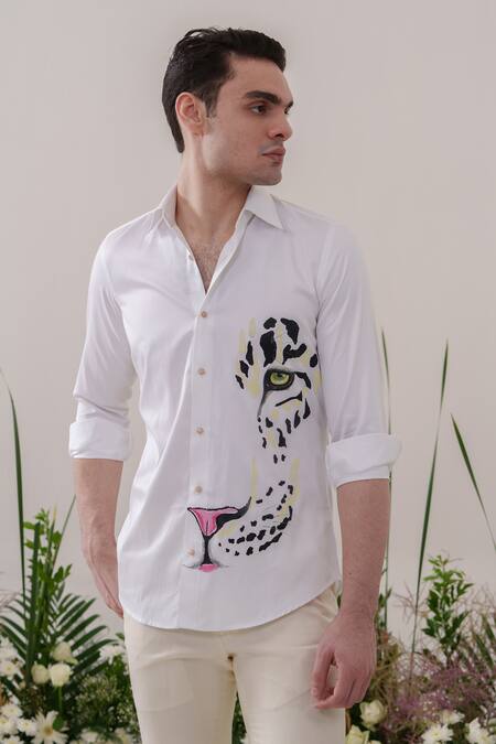 Buy_Amrit Dawani_White Cotton Embroidery Leopard Handpainted Shirt _Online_at_Aza_Fashions