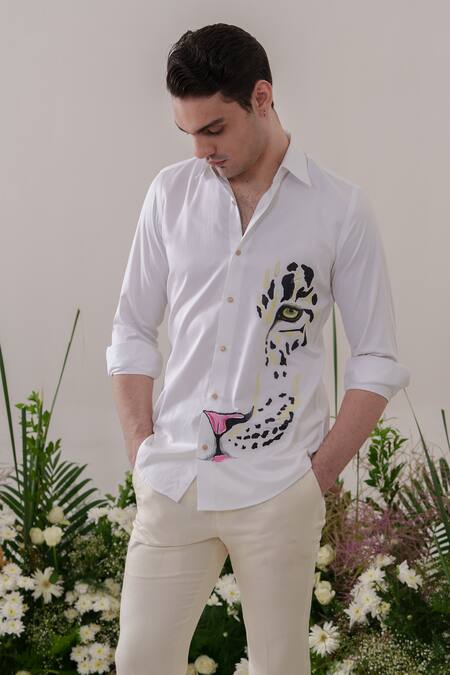 Shop_Amrit Dawani_White Cotton Embroidery Leopard Handpainted Shirt _Online_at_Aza_Fashions