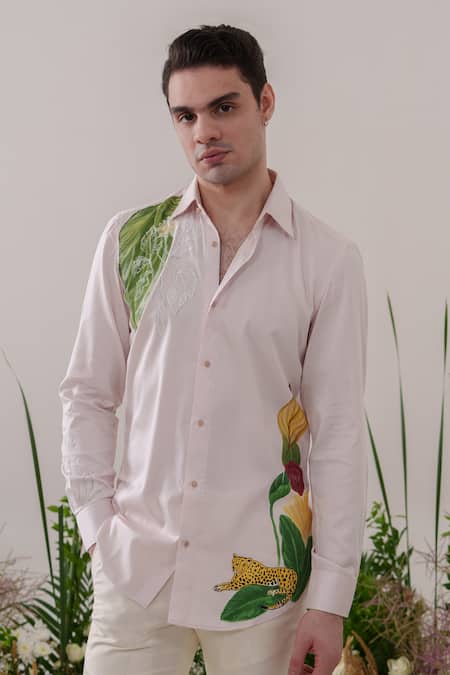 Amrit Dawani_Pink Cotton Banana Handpainted Shirt _Online_at_Aza_Fashions